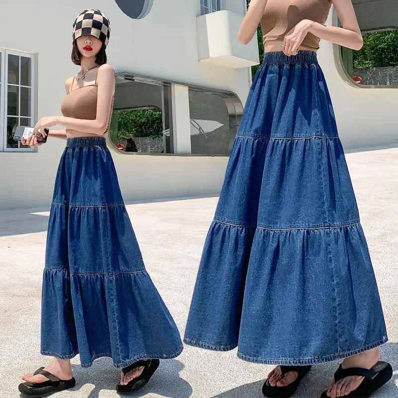 Korean Style Maxi High Waist Jeans Skirts for Women A Line Premium Y2k Vintage Luxury Elegant Aesthetic Casual Woman Denim Skirt