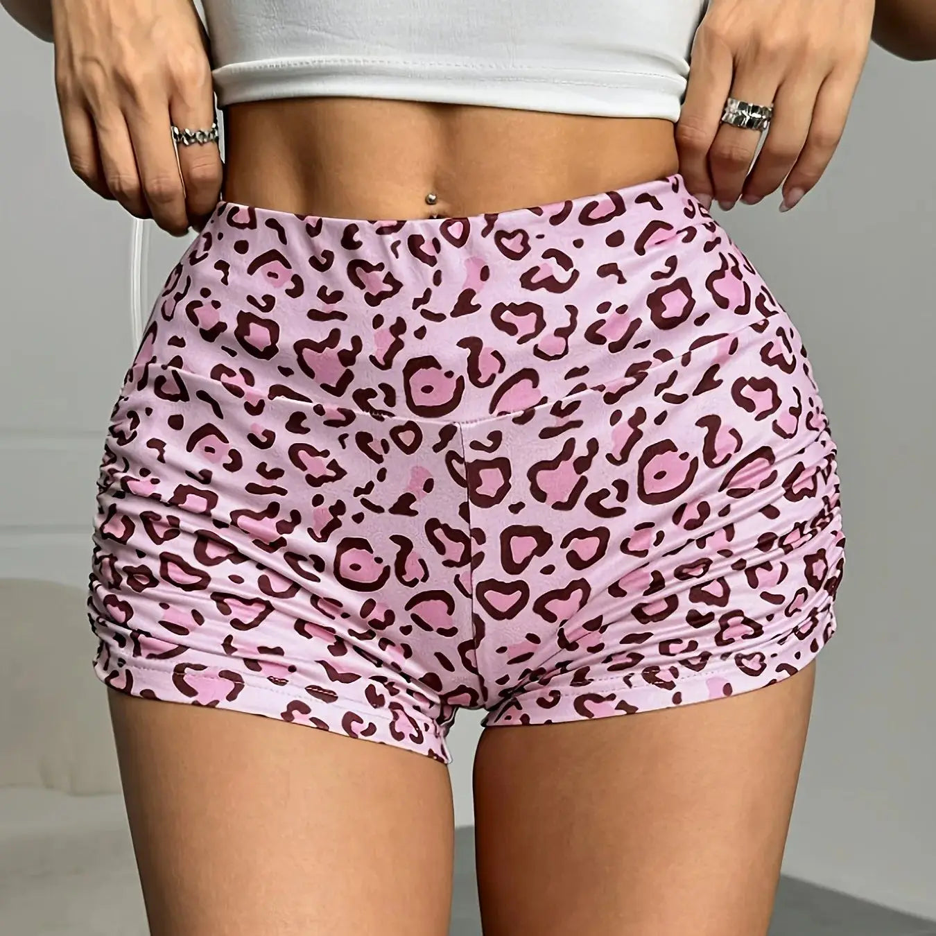 Pink leopard print shorts casual high waist slimming sexy sports shorts for women