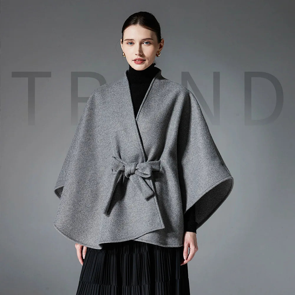 Stylish Designer Double Sides Woolen Cape Coat Women Autumn Winter Belt Loose Slim Surcoat Cloak Elegant Outerwear Versatile