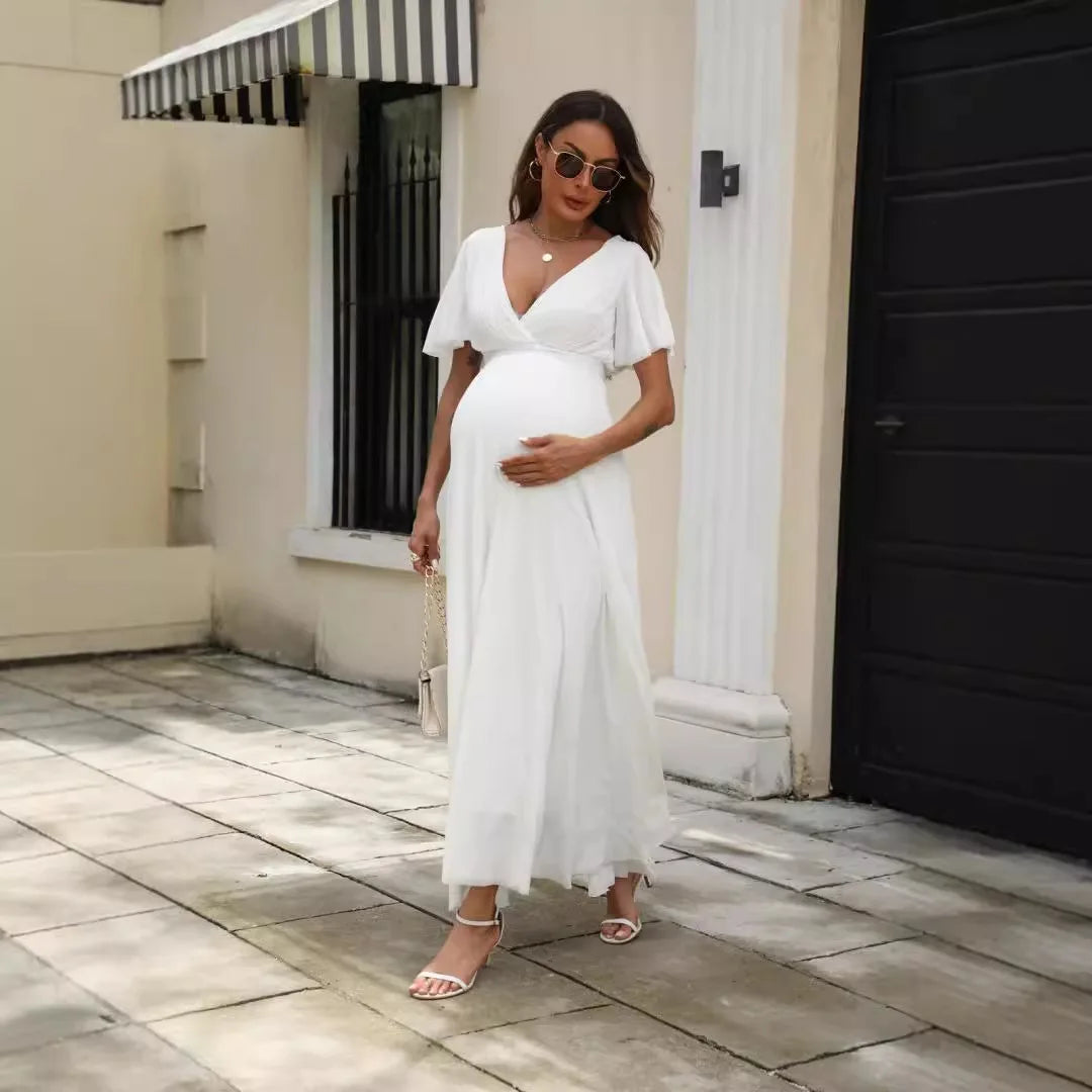 American Fashion Summer V neck Party Dress Maternity Deep V neck Slim Waist Backless Maxi Long White Clothes for Pregnant Women