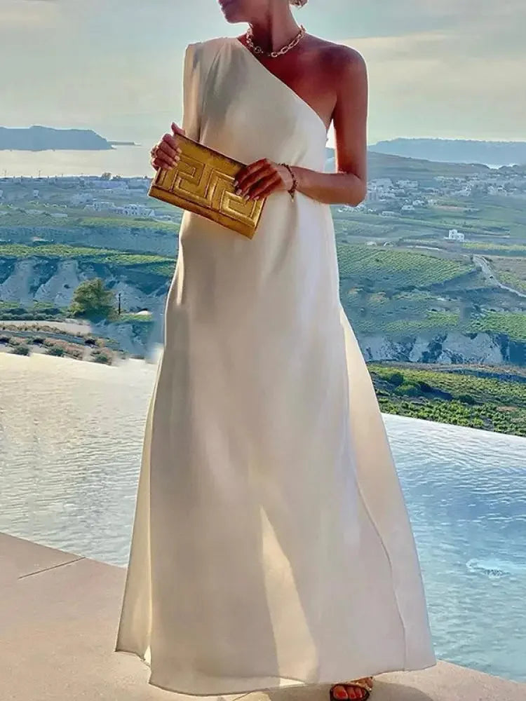 Yeezzi Women's Solid Color Summer One-Shoulder Maxi Dresses 2025 New Loose Asymmetrical Urban Elegant Party Evening Long Dress