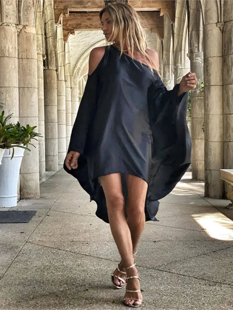 Summer Fashion Printed Midi Dresses Women Sloping Shoulders Loose Casual Beach Vacation Irregular Dress Y2k Party Vestidos Femme