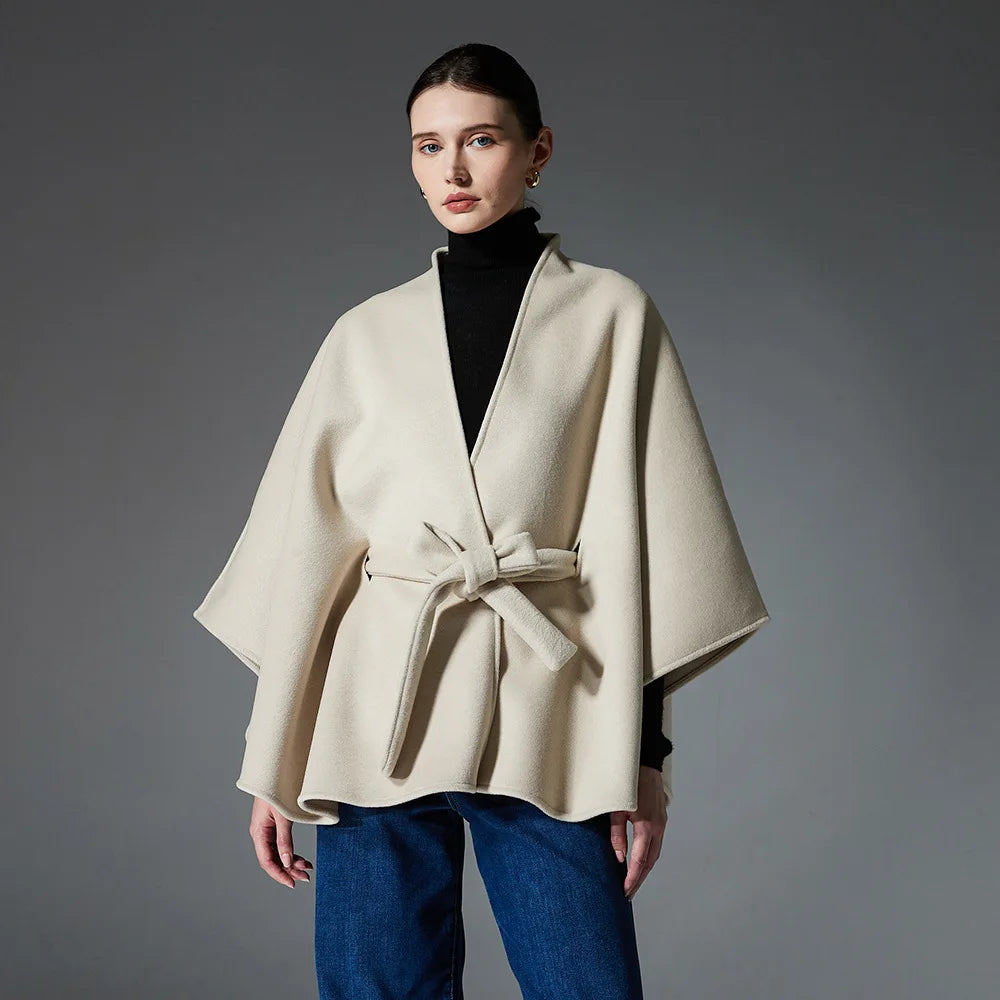 Stylish Designer Double Sides Woolen Cape Coat Women Autumn Winter Belt Loose Slim Surcoat Cloak Elegant Outerwear Versatile