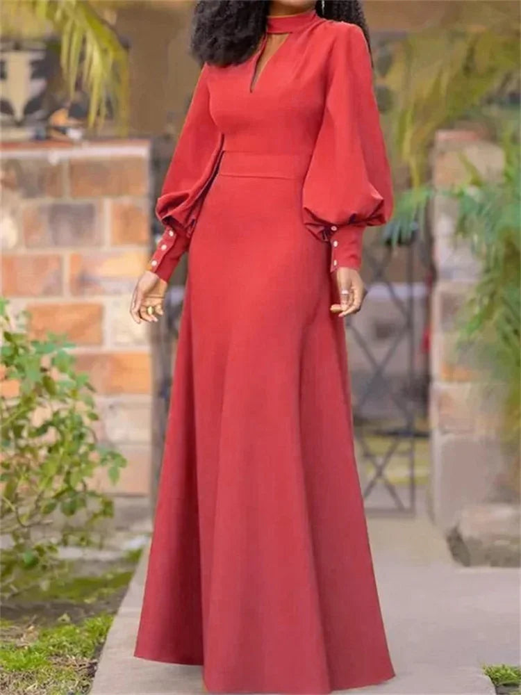 UOOZEE 2025 New Spring Women's Party Evening Maxi Dresses Puff Sleeves Buttoned Stand collar Hollow Elegant Red Banquet Dress