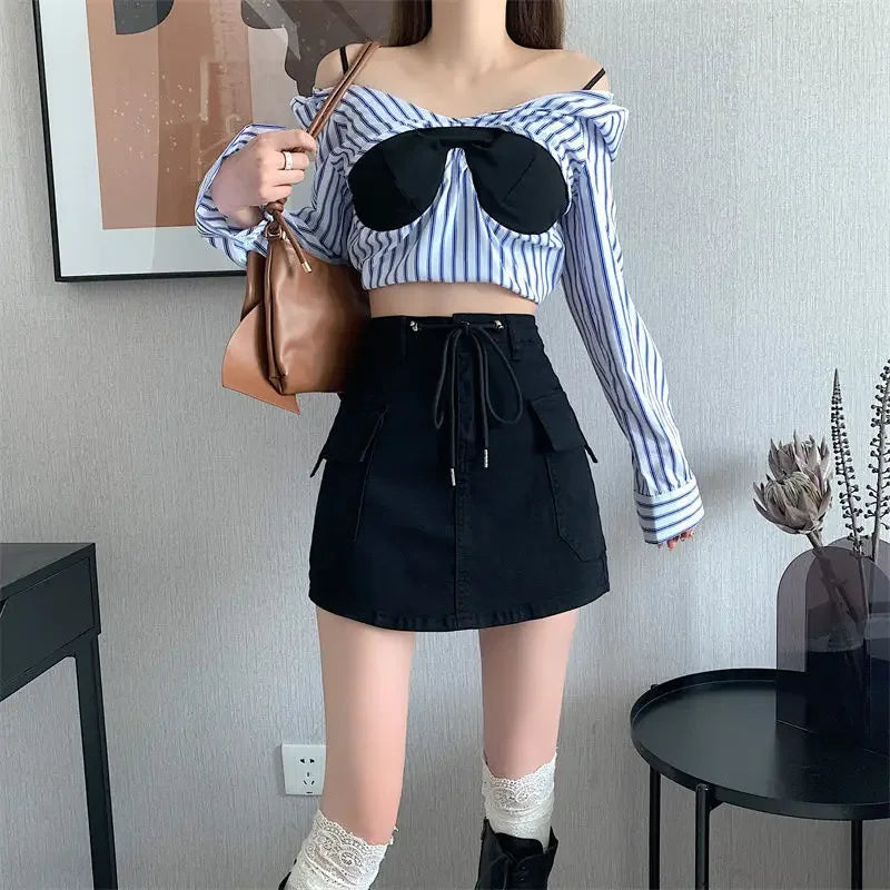 Korean Fashion Style High Waist Gyaru Women's Denim Skirt Aesthetic Harajuku Clothing Sales New In Cheap Female Jeans Skirts