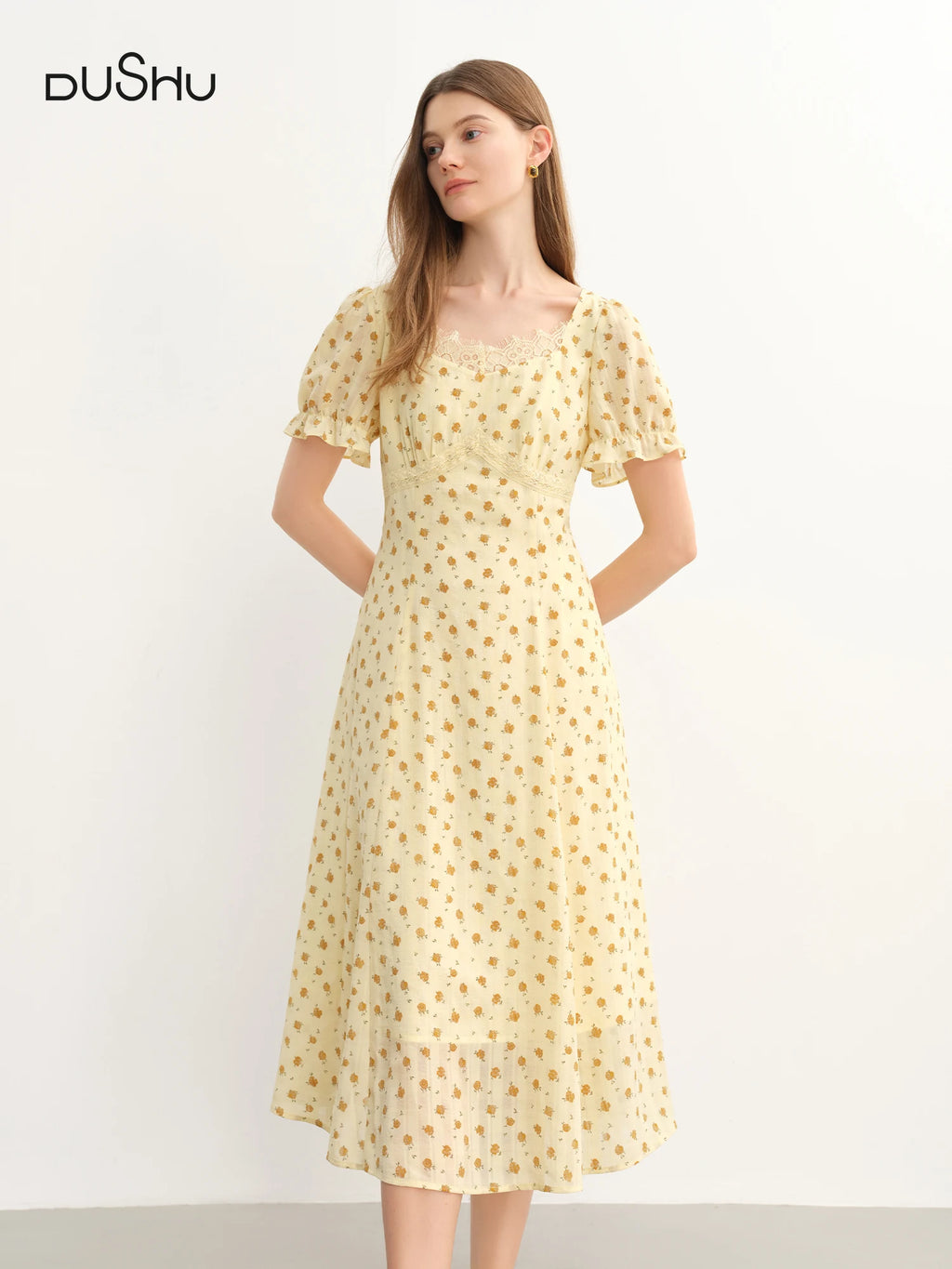 DUSHU Elegant Tailored Mid-Length Plus Size Women's French Lace Patchwork Floral Dress 2025 Summer New Dresses 25DS82823