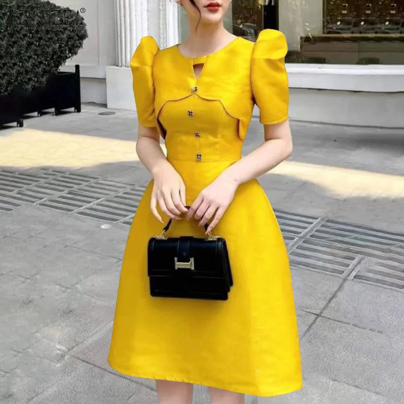 ZANZEA Elegant Party Dress Women Retro Hollow Out Patchwork Knee-Length Sundress 2025 Casual OL Work Robe  A-Line Summer Vestido