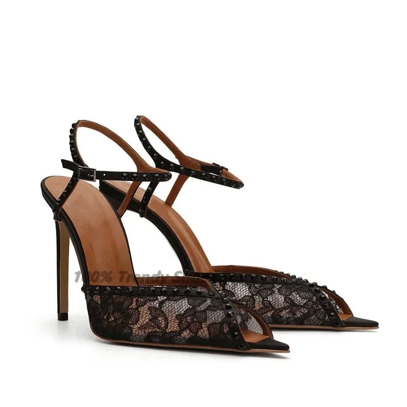 European and American High-Heeled Sandals with Pointed Black Lace, Fine Heel Rhinestones, Party Shoes for Women, Hot Selling