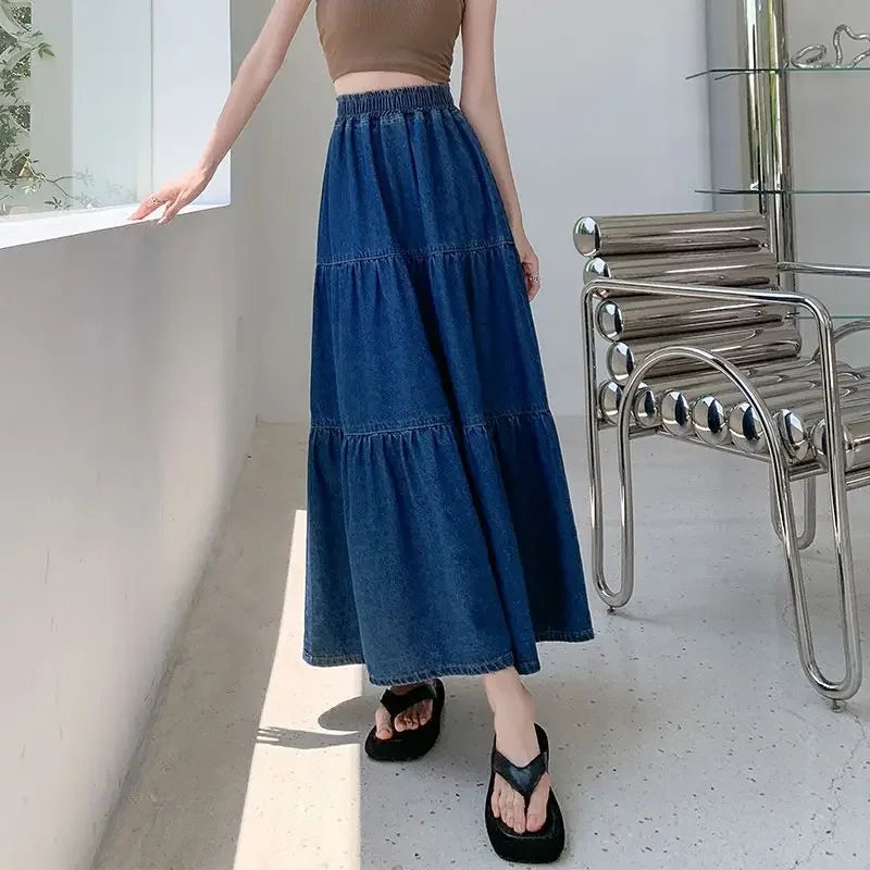 Korean Style Maxi High Waist Jeans Skirts for Women A Line Premium Y2k Vintage Luxury Elegant Aesthetic Casual Woman Denim Skirt