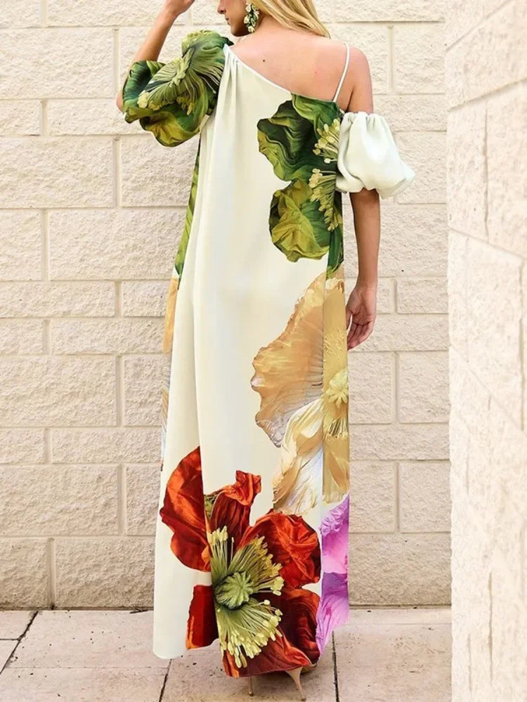 Lemongor Female Stylish Floral Printed Vacation Bohemia Beach Dress One-Shoulder Loose Elegant Party Evening Womens Dresses