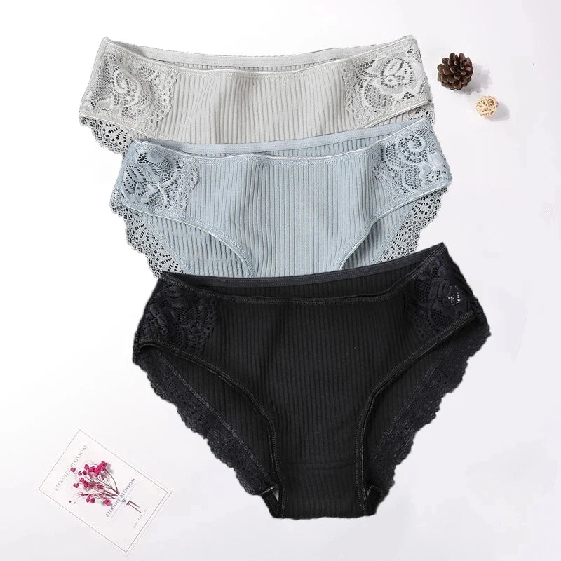Floral Lace Cotton Women Panties Underwear Women Briefs Comfortable Female Underpants Solid Color Pantys Lingerie M-XXL 3PCS/Set