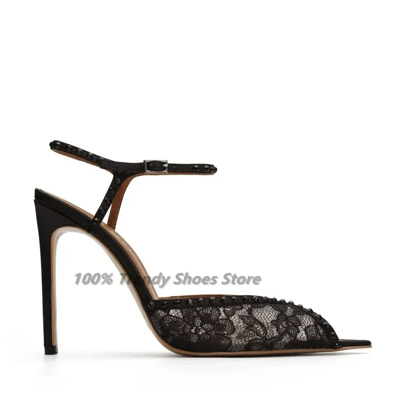 European and American High-Heeled Sandals with Pointed Black Lace, Fine Heel Rhinestones, Party Shoes for Women, Hot Selling