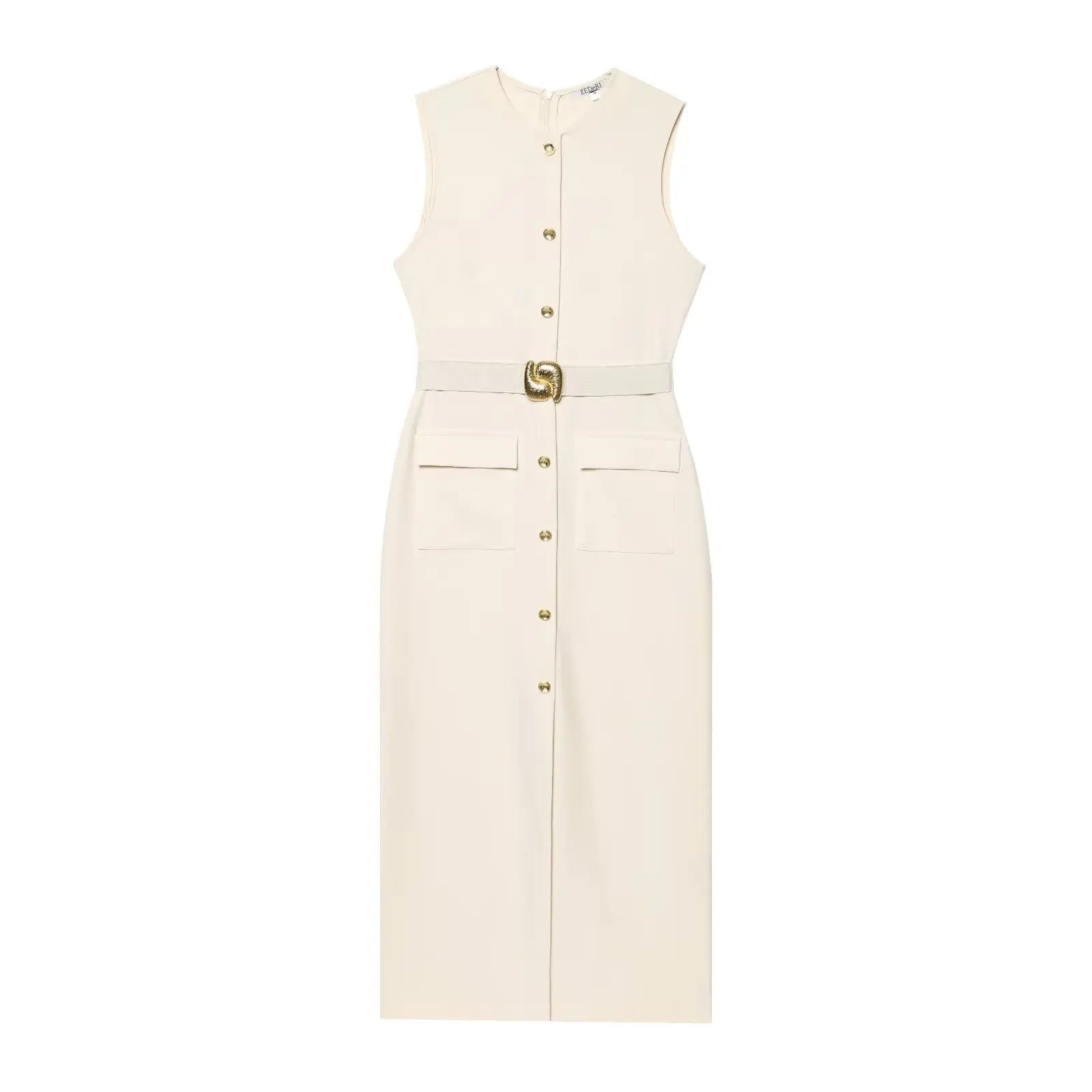 TRAFZA Women Fashion O-Collar Single Breasted Hem Slit Belt Decorate Midi Dress Female Chic Sleeveless Back Zipper Slim Dress