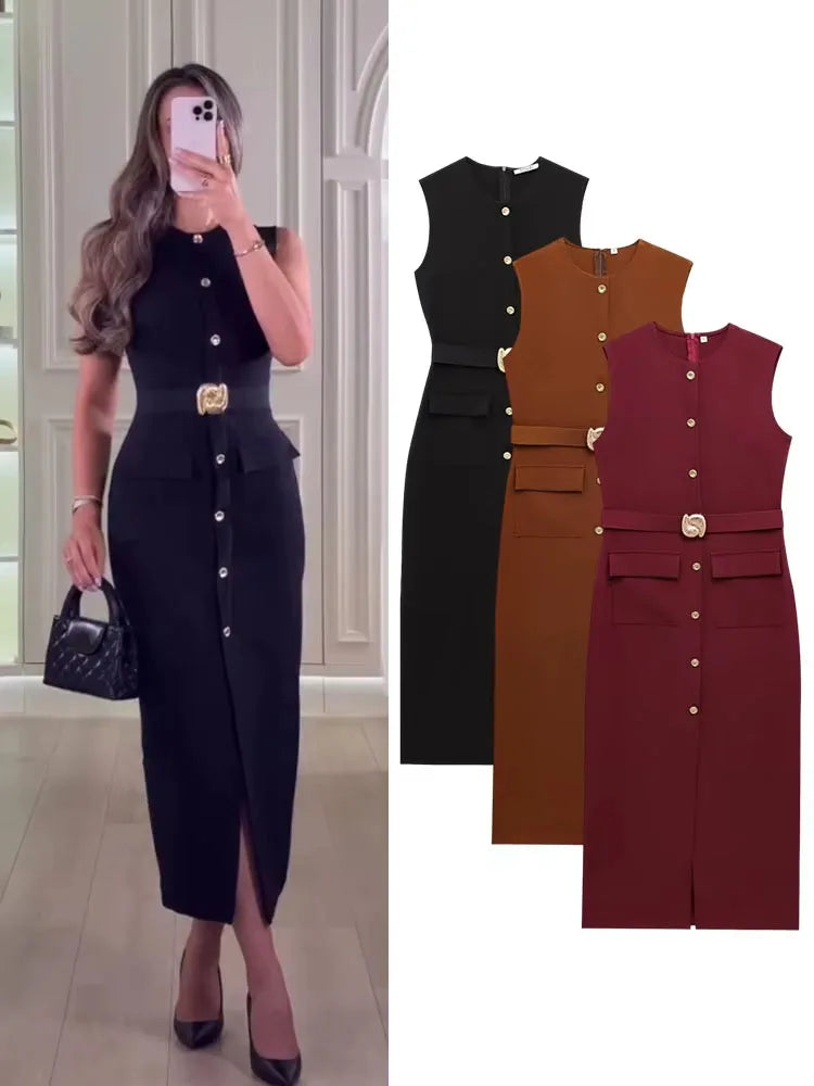 TRAFZA Women Fashion O-Collar Single Breasted Hem Slit Belt Decorate Midi Dress Female Chic Sleeveless Back Zipper Slim Dress
