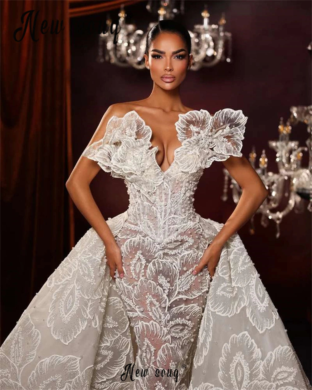 Gorgeous  White Lace Wedding Dress With Detachable Overskirt Sweetheart Neck Sleeveless Bridal Gown Robe De Mariée Customized