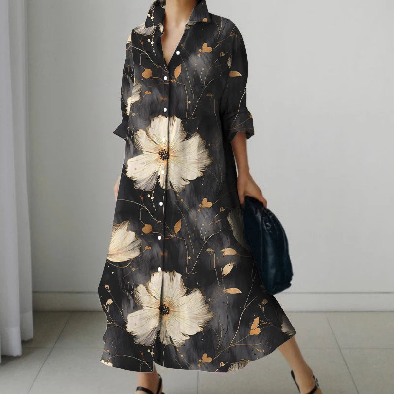2024 Autumn Women's Retro Floral Print Shirt Dress Women's New Fashion Shirt Women's Loose Casual V-Neck Pocket Dress Streetwear