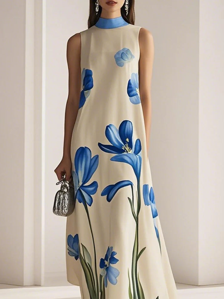 Yeezzi Women's Elegant Flower Printed Stand Collar A-line Dress 2025 New Summer Sleeveless Vintage Party Evening Maxi Dresses