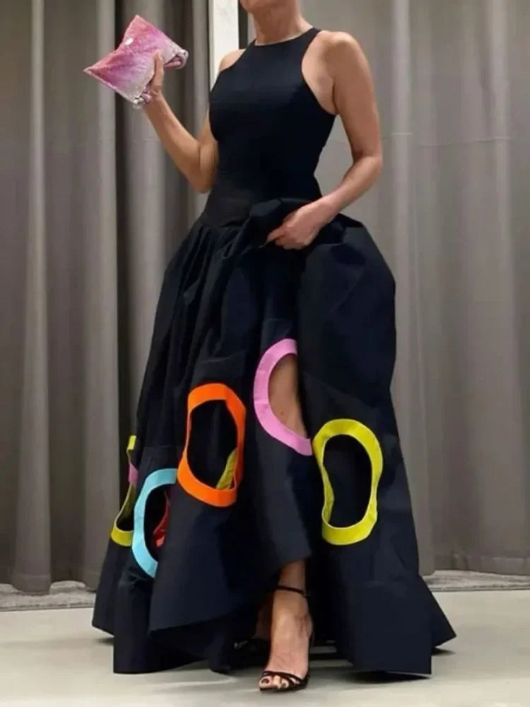UOOZEE 2025 New Summer Women Elegant Party Evening Maxi Dresses Fashion Rainbow Printed Hollow High Waist A-line Long Dress