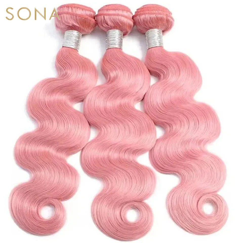 Light Pink Colored Hair Weave Bundles With 4X4  Closure Brazilian Remy Body Wave Pink Hair Extensions Weft For Women 3Pcs/Lot