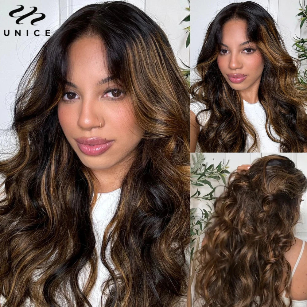 Unice FB30 Balayage Highlight Body Wave Human Hair Bundles 3PCS Deal 100% Human Hair Ombre Brown Colored Bundles Sew In Weaves