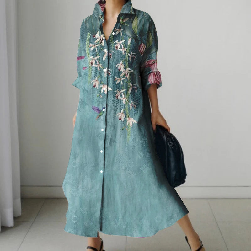 2024 Autumn Women's Retro Floral Print Shirt Dress Women's New Fashion Shirt Women's Loose Casual V-Neck Pocket Dress Streetwear