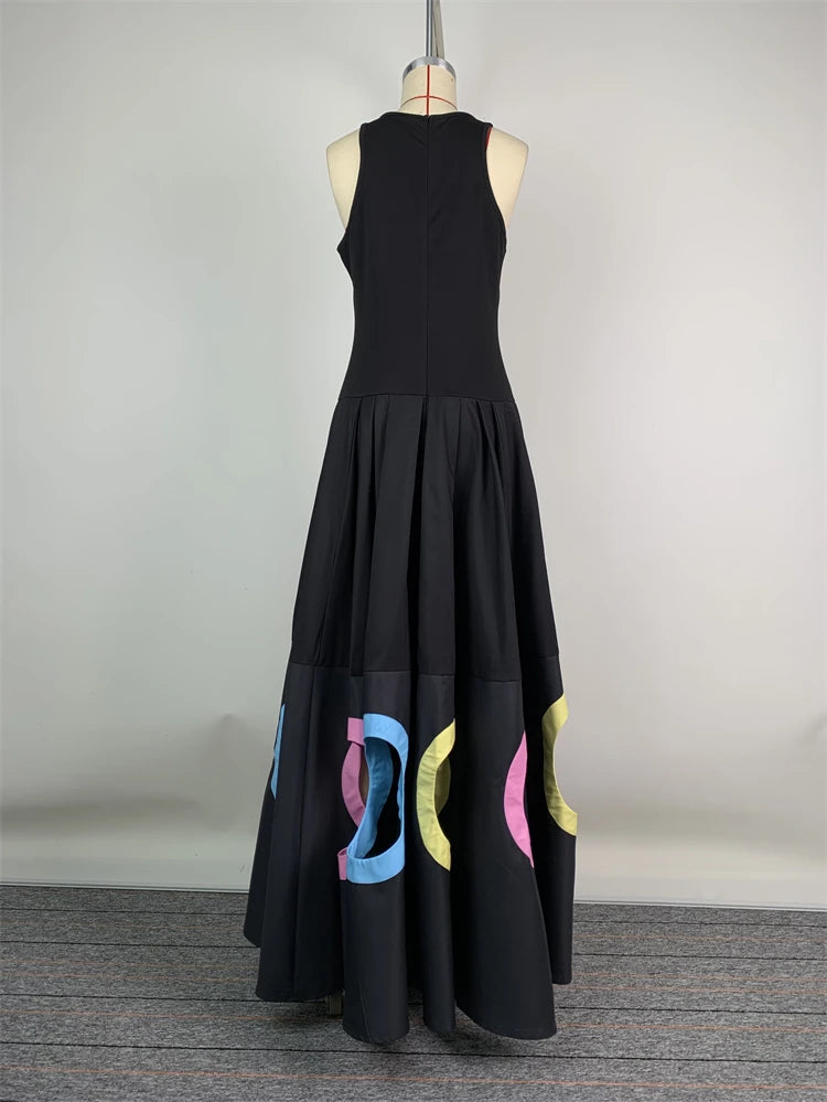 UOOZEE 2025 New Summer Women Elegant Party Evening Maxi Dresses Fashion Rainbow Printed Hollow High Waist A-line Long Dress