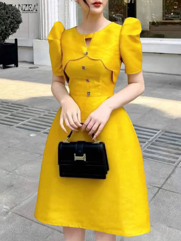 ZANZEA Elegant Party Dress Women Retro Hollow Out Patchwork Knee-Length Sundress 2025 Casual OL Work Robe  A-Line Summer Vestido
