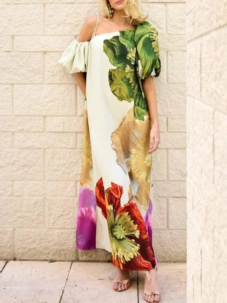 Lemongor Female Stylish Floral Printed Vacation Bohemia Beach Dress One-Shoulder Loose Elegant Party Evening Womens Dresses