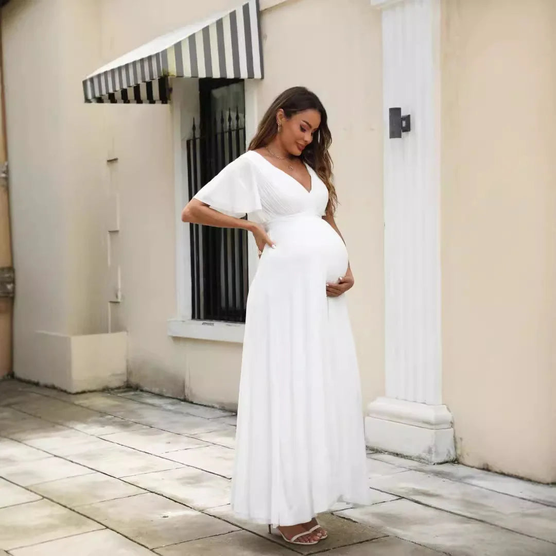 American Fashion Summer V neck Party Dress Maternity Deep V neck Slim Waist Backless Maxi Long White Clothes for Pregnant Women