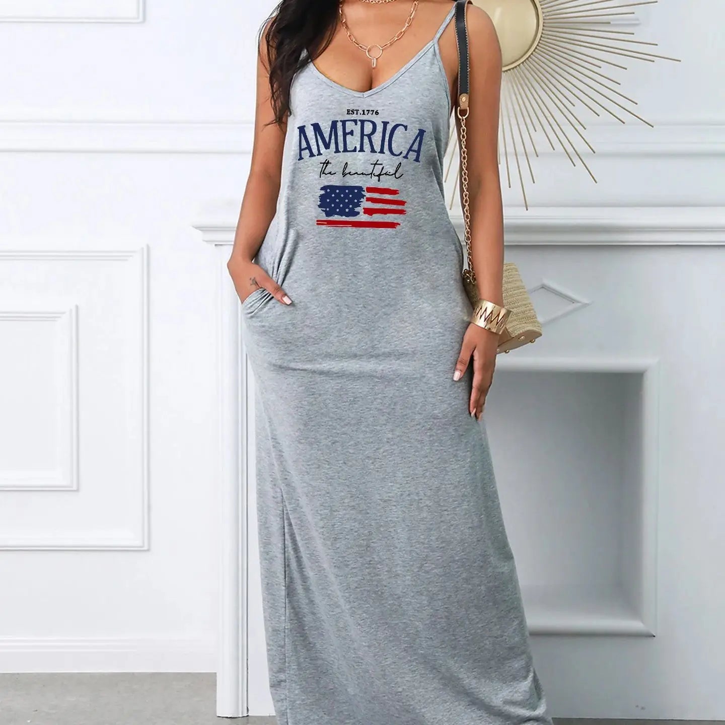 Women's spring/summer American letter pattern printed suspender sexy dress V-neck slim fit dress casual party wear