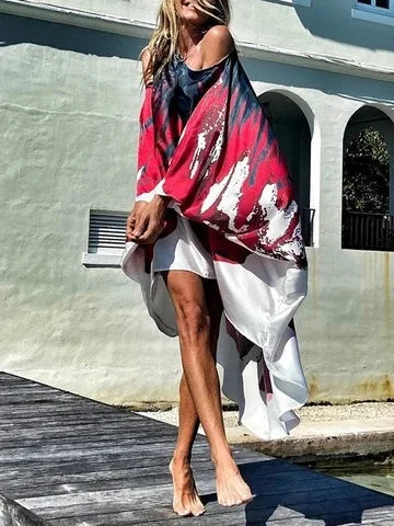 Summer Fashion Printed Midi Dresses Women Sloping Shoulders Loose Casual Beach Vacation Irregular Dress Y2k Party Vestidos Femme