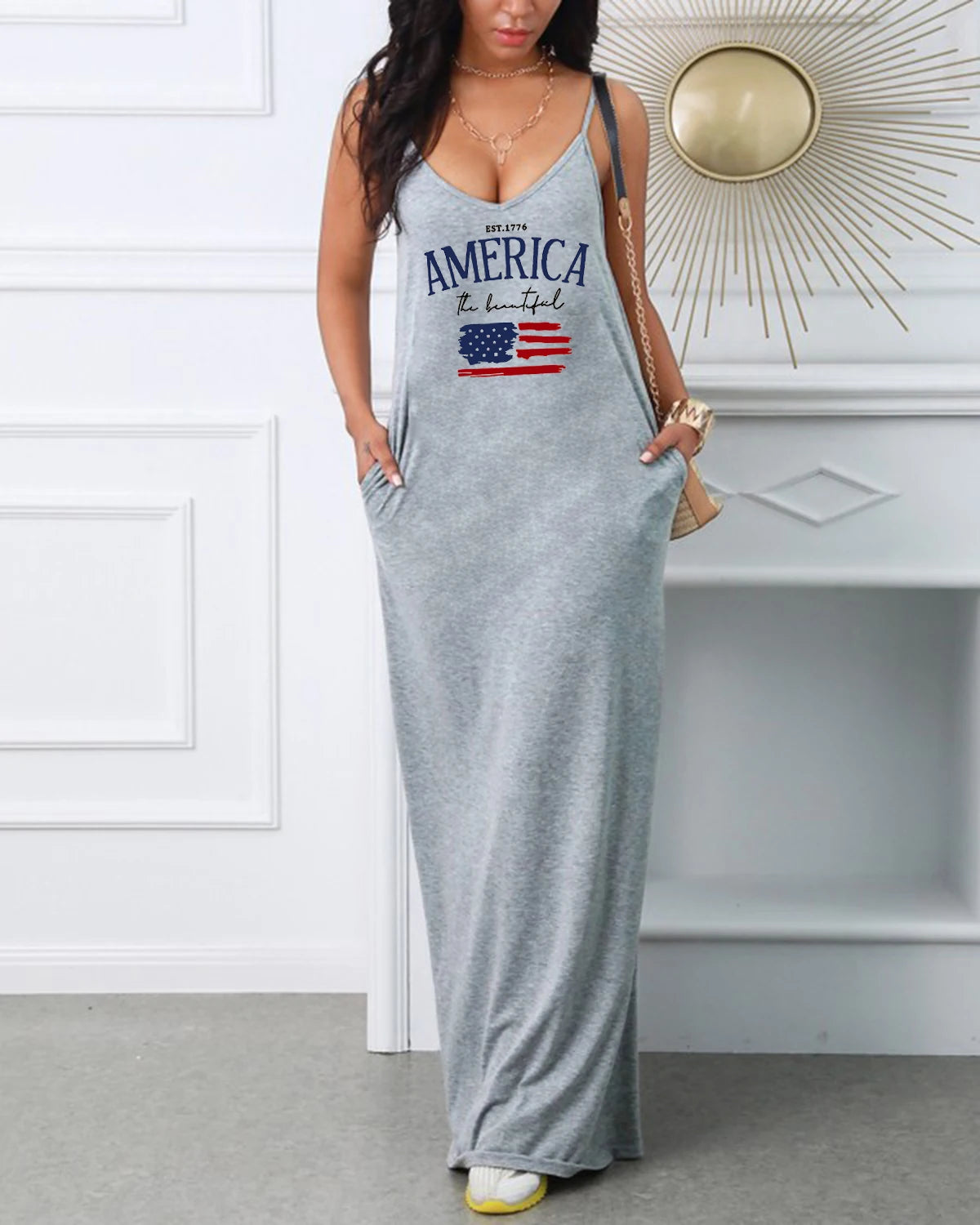 Women's spring/summer American letter pattern printed suspender sexy dress V-neck slim fit dress casual party wear