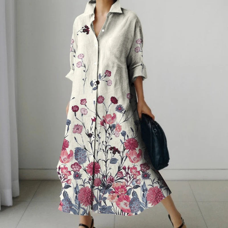2024 Autumn Women's Retro Floral Print Shirt Dress Women's New Fashion Shirt Women's Loose Casual V-Neck Pocket Dress Streetwear