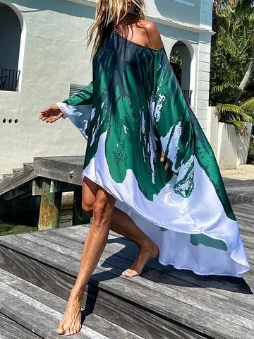 Summer Fashion Printed Midi Dresses Women Sloping Shoulders Loose Casual Beach Vacation Irregular Dress Y2k Party Vestidos Femme