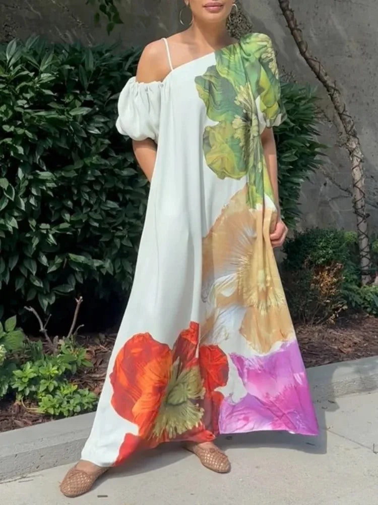 Lemongor Female Stylish Floral Printed Vacation Bohemia Beach Dress One-Shoulder Loose Elegant Party Evening Womens Dresses