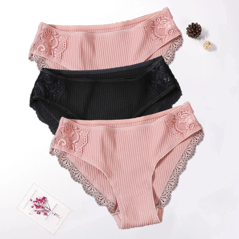 Floral Lace Cotton Women Panties Underwear Women Briefs Comfortable Female Underpants Solid Color Pantys Lingerie M-XXL 3PCS/Set