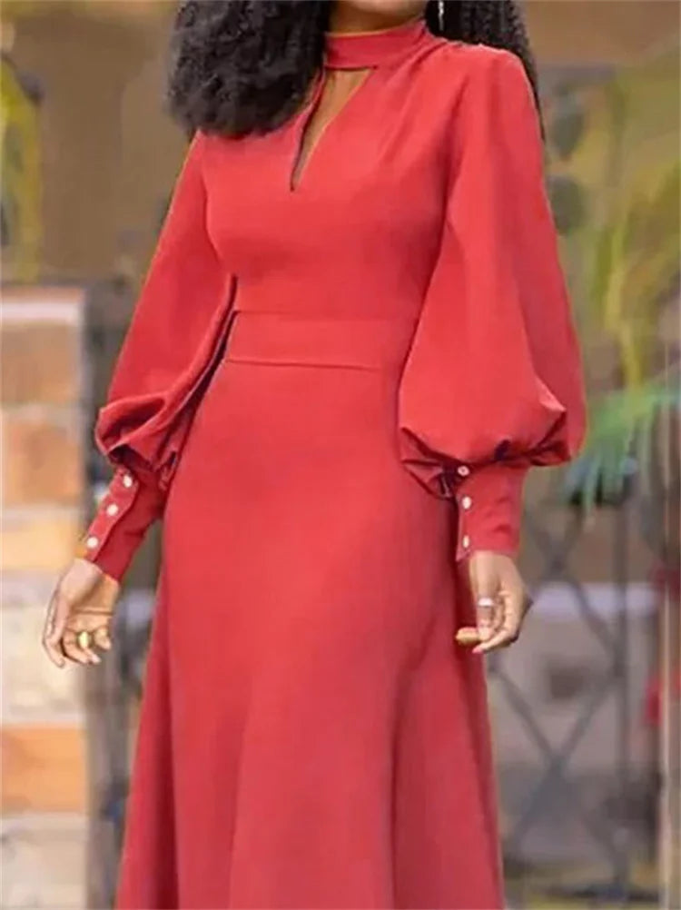 UOOZEE 2025 New Spring Women's Party Evening Maxi Dresses Puff Sleeves Buttoned Stand collar Hollow Elegant Red Banquet Dress
