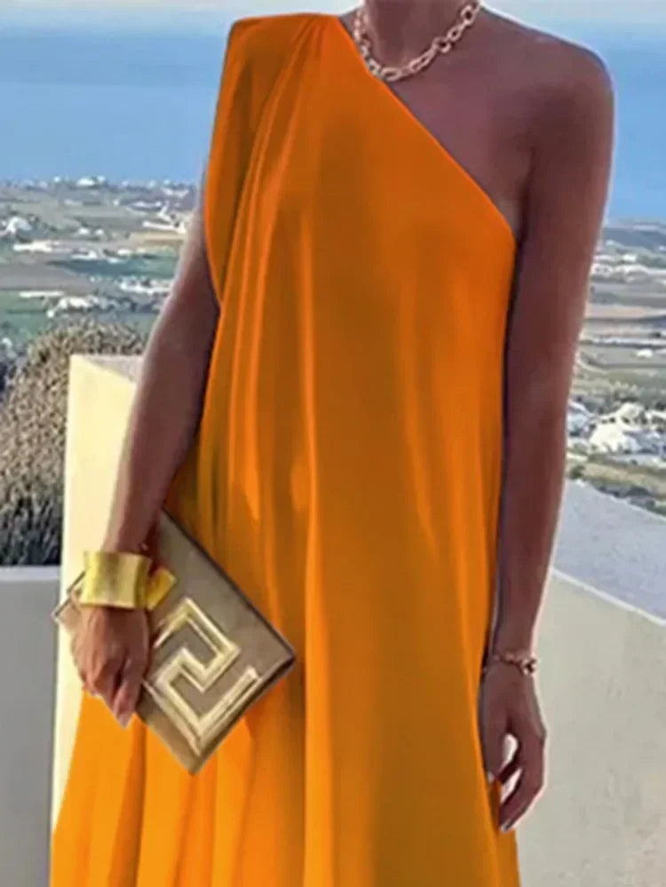 UOOZEE Women's 2025 New Summer One-shoulder Vacation Sundress Fashion Gradient Color Loose Elegant Party Evening Maxi Dresses