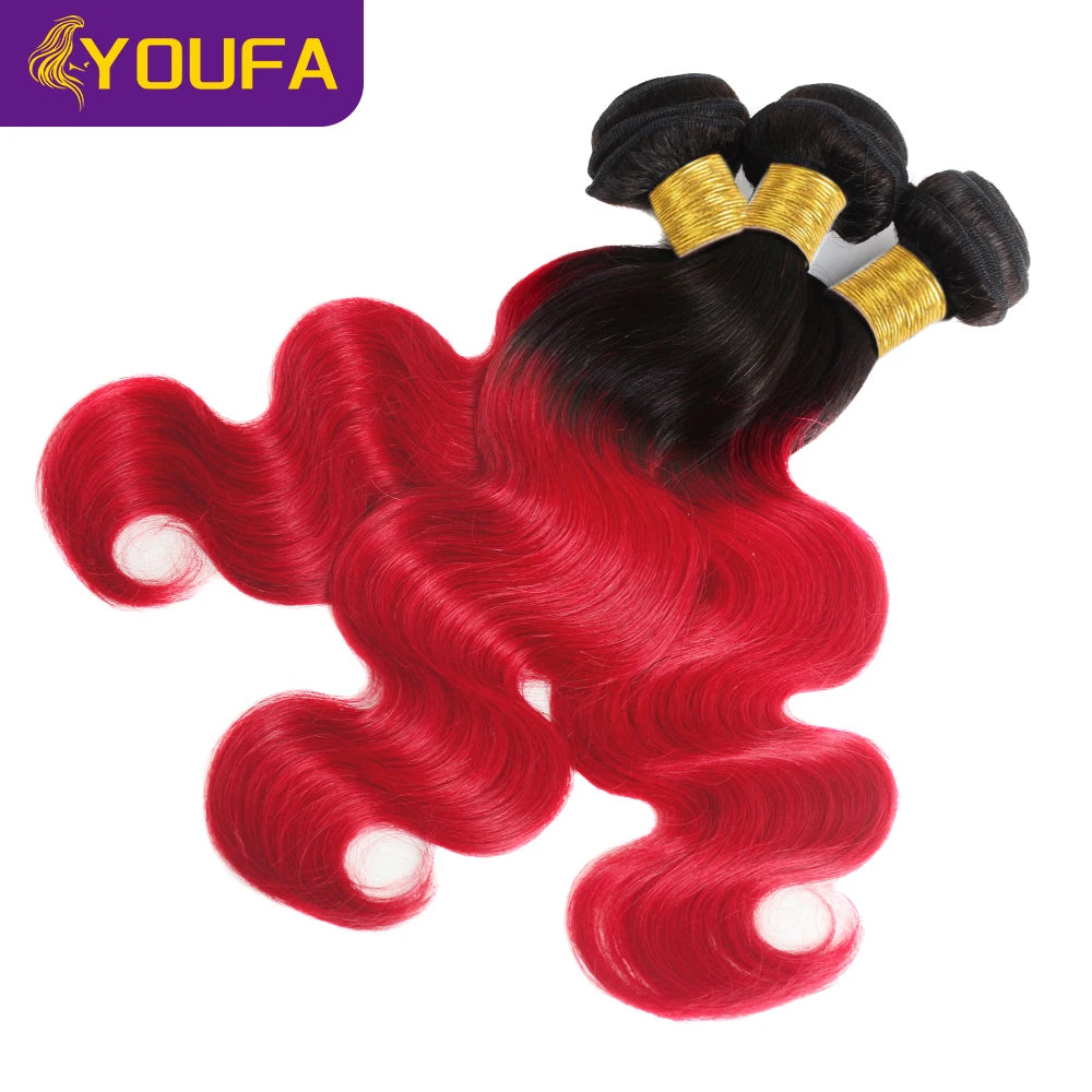 YOUFA Hot Red Curly Human Hair Bundles For Women 1Pc Lot 100% Brazilian Bouncy Curl Ombre 1B Red Human Hair Weave Bundles