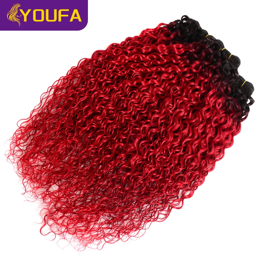YOUFA Hot Red Curly Human Hair Bundles For Women 1Pc Lot 100% Brazilian Bouncy Curl Ombre 1B Red Human Hair Weave Bundles