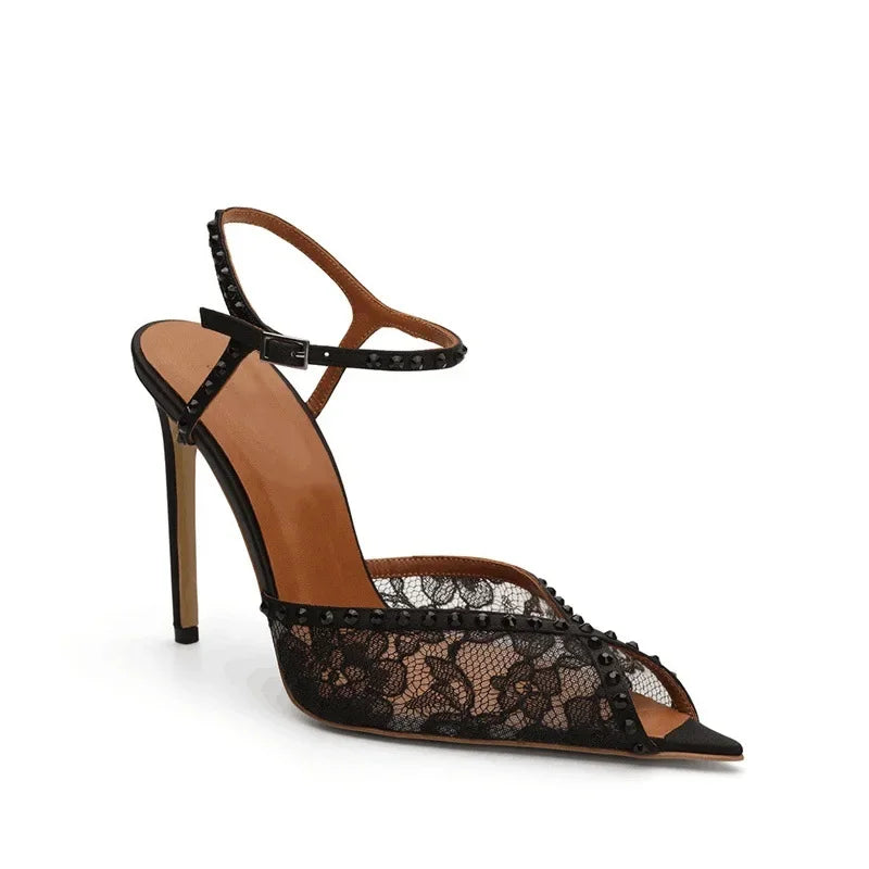 European and American High-Heeled Sandals with Pointed Black Lace, Fine Heel Rhinestones, Party Shoes for Women, Hot Selling