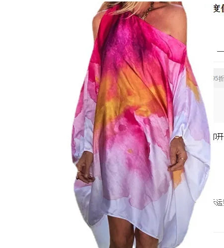Summer Fashion Printed Midi Dresses Women Sloping Shoulders Loose Casual Beach Vacation Irregular Dress Y2k Party Vestidos Femme