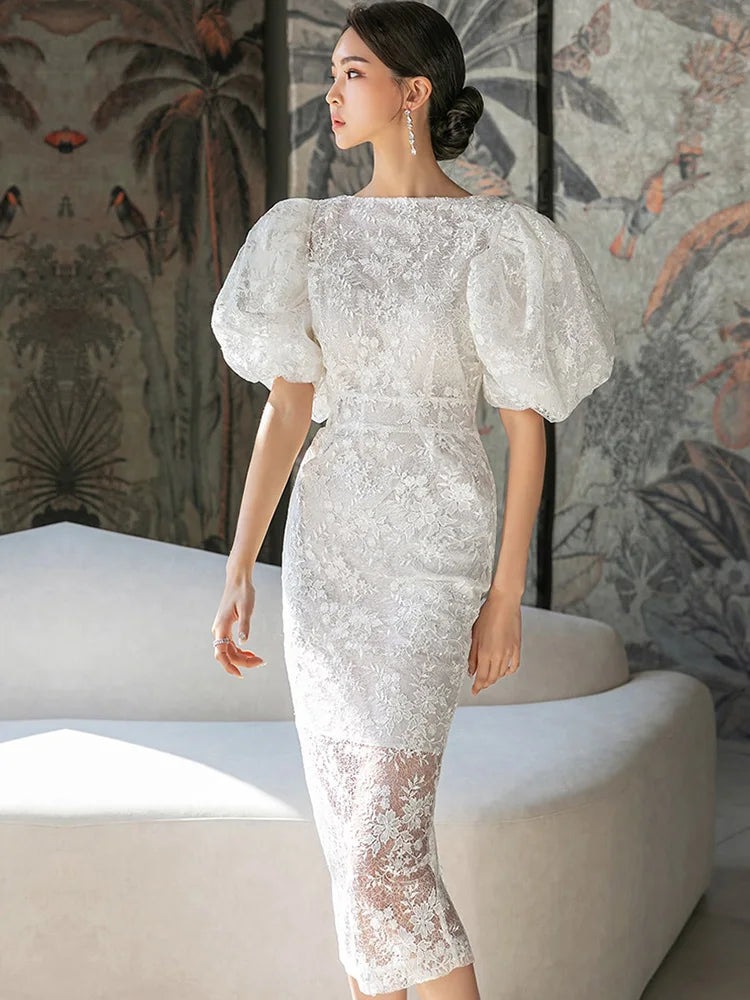 American Retro Dress Summer White Lace Flowers Embroidery O-Neck Lantern Sleeve High Waist Line Elegant Party Dress Women
