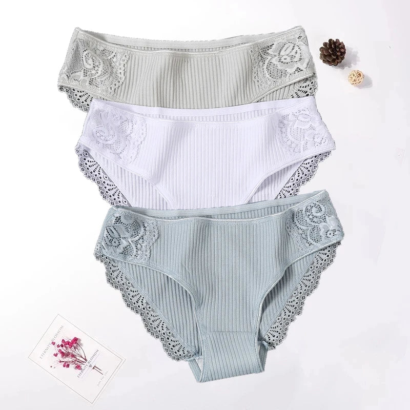 Floral Lace Cotton Women Panties Underwear Women Briefs Comfortable Female Underpants Solid Color Pantys Lingerie M-XXL 3PCS/Set