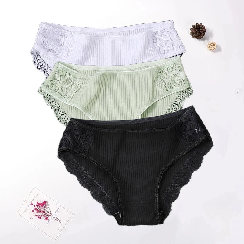 Floral Lace Cotton Women Panties Underwear Women Briefs Comfortable Female Underpants Solid Color Pantys Lingerie M-XXL 3PCS/Set