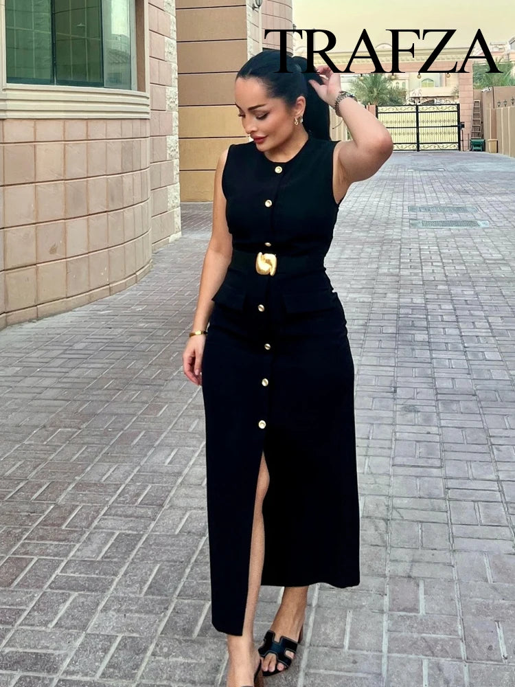 TRAFZA Women Fashion O-Collar Single Breasted Hem Slit Belt Decorate Midi Dress Female Chic Sleeveless Back Zipper Slim Dress