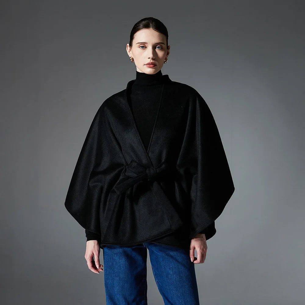 Stylish Designer Double Sides Woolen Cape Coat Women Autumn Winter Belt Loose Slim Surcoat Cloak Elegant Outerwear Versatile