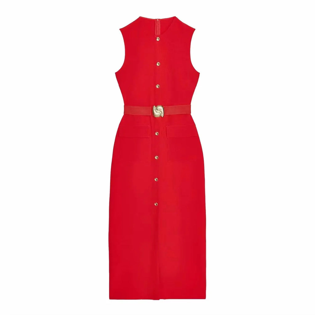 TRAFZA Women Fashion O-Collar Single Breasted Hem Slit Belt Decorate Midi Dress Female Chic Sleeveless Back Zipper Slim Dress