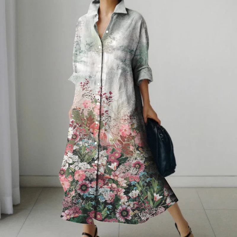 2024 Autumn Women's Retro Floral Print Shirt Dress Women's New Fashion Shirt Women's Loose Casual V-Neck Pocket Dress Streetwear
