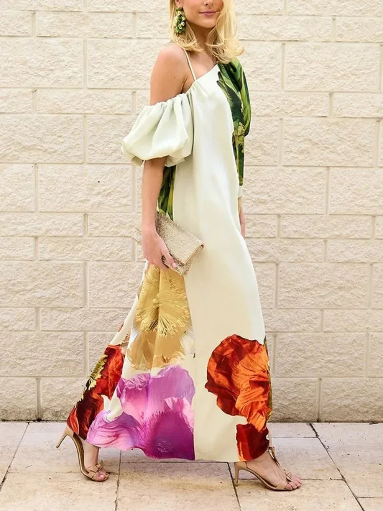 Lemongor Female Stylish Floral Printed Vacation Bohemia Beach Dress One-Shoulder Loose Elegant Party Evening Womens Dresses